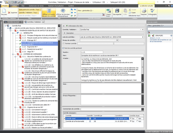 Capture d'écran de la liste de contrôle selon la Directive Machines 2006/42/CE - Annexe I