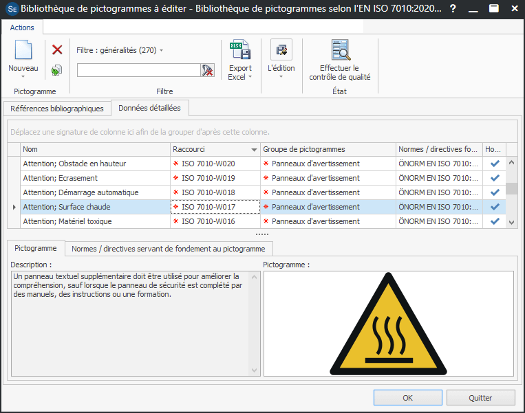 Capture d'écran de la bibliothèque de pictogrammes Safexpert