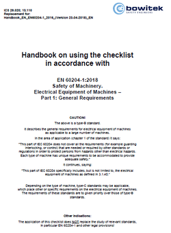 Coverpicture of the handbook for the application of the checklist according to EN 60204-1:2018 Safety of machinery –  Electrical equipment of machines Part 1: General requirements