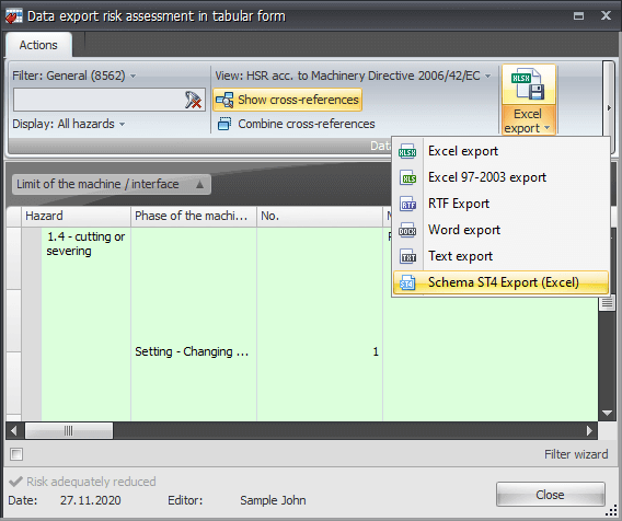 Screenshot of the Safexpert export function to the Schema ST4 editing system